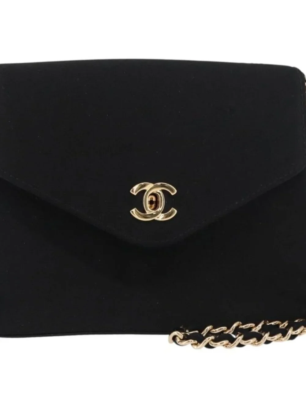 CHANEL Pouch Satin Black Gold CC Auth 156507